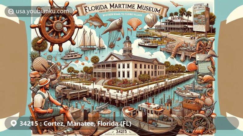 Modern illustration of Cortez, Florida, showcasing maritime heritage with Florida Maritime Museum and Star Fish Company, a boat-to-table seafood market and restaurant, against a backdrop of fishing village ambiance and Cortez's natural beauty.