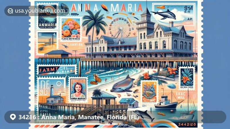 Modern illustration of Anna Maria, Florida, integrating postal themes with iconic landmarks like the City Pier and historic jail, capturing island's serene atmosphere and vibrant beach life, featuring Gulf of Mexico and Tampa Bay.