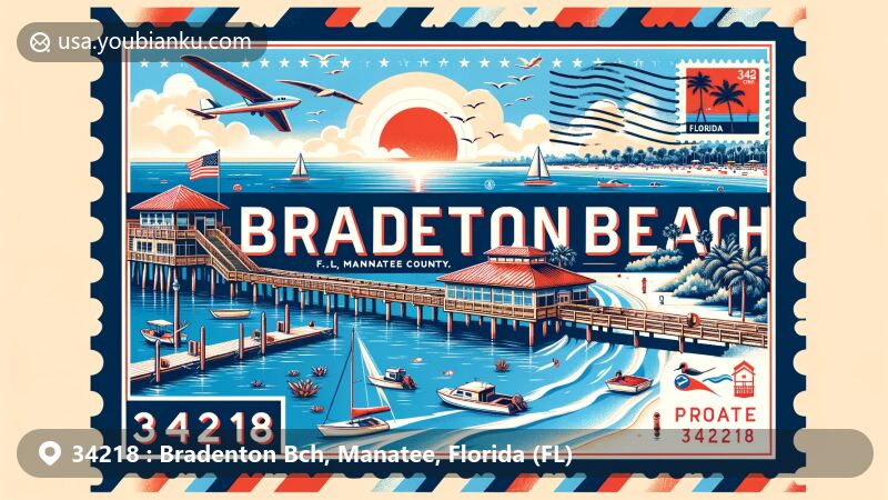 Vibrant digital artwork of Bradenton Beach, Manatee County, Florida, featuring ZIP Code 34218, showcasing local charm with marine life, boats, Bridge Street Pier, and Florida state flag elements.