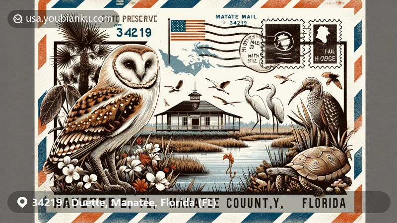 Modern illustration of Duette, Manatee County, Florida (FL), showcasing ZIP code 34219 with postal theme and diverse flora and fauna from the Duette Preserve, including burrowing owl, snowy egret, white ibis, and gopher tortoise, along with a depiction of historic schoolhouse and Florida state symbols.
