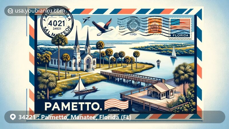 Modern illustration of Palmetto, Manatee County, Florida, featuring 1914 Carnegie Library, replica chapel from Palmetto Historical Park, and the Manatee River, designed as an air mail envelope with Florida state flag and postal symbols.