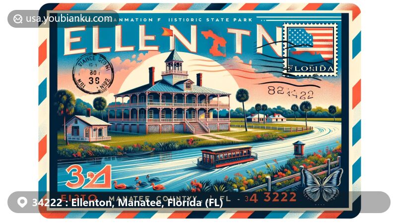 Modern illustration of Ellenton, Manatee County, Florida, with a focus on ZIP code 34222, featuring airmail envelope design highlighting Gamble Plantation Historic State Park, Manatee River setting, and Florida state flag.