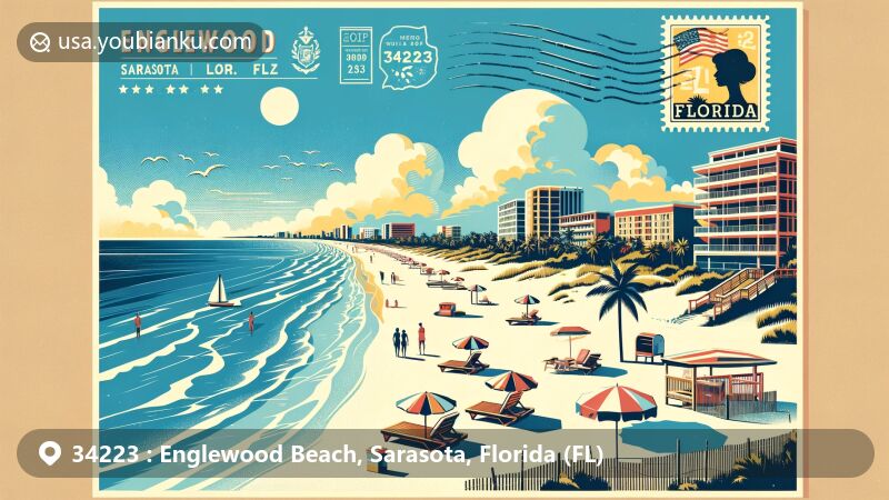 Scenic illustration of Englewood Beach, Sarasota, Florida, capturing the essence of the 34223 ZIP code area with sunny beach vibes, palm trees, Florida state symbols, and a touch of local wildlife.