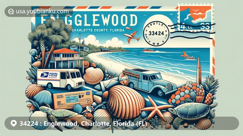 Modern illustration of Englewood, Charlotte County, Florida, featuring Manasota Key beach with seashells and shark teeth hunting, Stump Pass Beach State Park with natural landscapes and wildlife like turtles, manatees, and birds, and postal theme elements like vintage airmail envelope, postal stamp, and postal truck.
