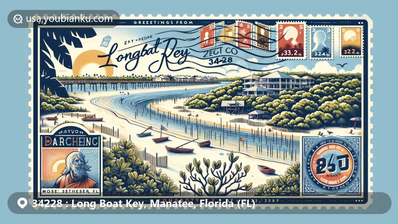 Modern illustration of Longboat Key, Florida, highlighting natural landscapes, historical elements, and postal theme with unique postcard layout and stamp of Longboat Key bridge.