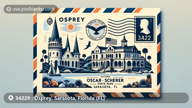 Modern illustration of Osprey, Sarasota, Florida, showcasing postal theme with ZIP code 34229, featuring Historic Spanish Point architecture and Oscar Scherer State Park scenery.