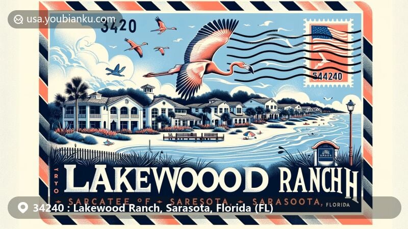 Modern illustration of Lakewood Ranch, Sarasota, Florida, presenting ZIP code 34240 with air mail envelope design and local symbols like beaches, State College of Florida, Manatee–Sarasota, and Waterside Place Town Center.
