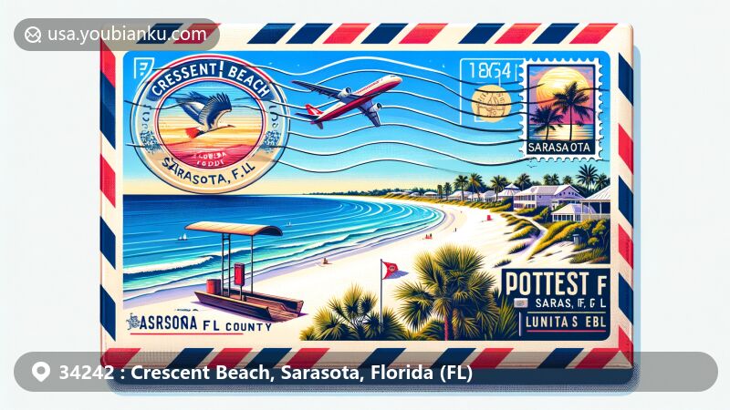 Modern illustration of Crescent Beach, Sarasota, Florida, showcasing scenic beauty with white sandy shores, blue waters, sunny skies, and a symbolic postage stamp featuring Siesta Key's iconic white sandy beach.