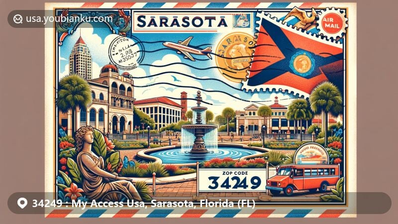 Creative illustration of Sarasota, Florida, designed as a postcard or air mail envelope, featuring St. Armands Circle and Marie Selby Botanical Gardens, with vintage postage stamp and postal mark displaying ZIP code 34249.