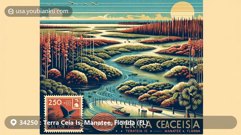 Modern illustration of Terra Ceia Is in Manatee County, Florida, showcasing Terra Ceia Preserve State Park with mangrove forests, wetlands, and upland communities. Integrating postal heritage elements like vintage postcard format, postal stamp with ZIP code 34250, and Terra Ceia postmark.