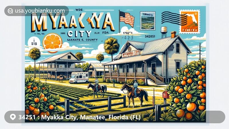 Modern illustration of Myakka City, Florida, showcasing agricultural and equestrian aspects, citrus groves, Floridian homes, TerraNova Equestrian Center, Florida state flag, Manatee County outline, post office, postage stamps, and ZIP code 34251, highlighting rural charm and natural beauty.