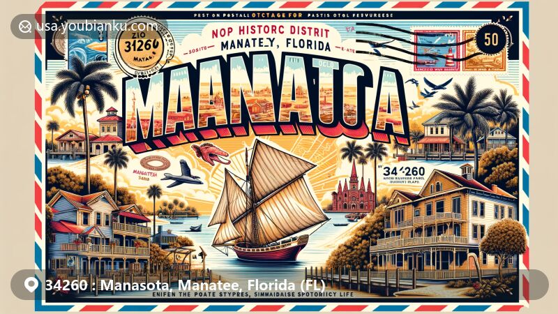 Modern illustration of Manasota, Manatee County, Florida, blending postal themes with Cortez Historic District, Manatee Village Historical Park, and De Soto National Memorial.