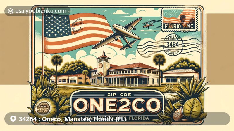 Modern illustration showcasing ZIP Code 34264 in Oneco, Manatee County, Florida, featuring a postal theme with vintage stamp, palm trees, DeSoto Square Mall, Florida state flag, and Manatee County emblem.