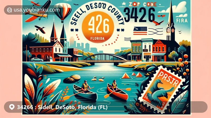 Modern illustration of Sidell area, ZIP code 34266, in DeSoto County, Florida, blending natural beauty of Peace River, outdoor activities, and historic downtown Arcadia with antique district and Heard Opera House.
