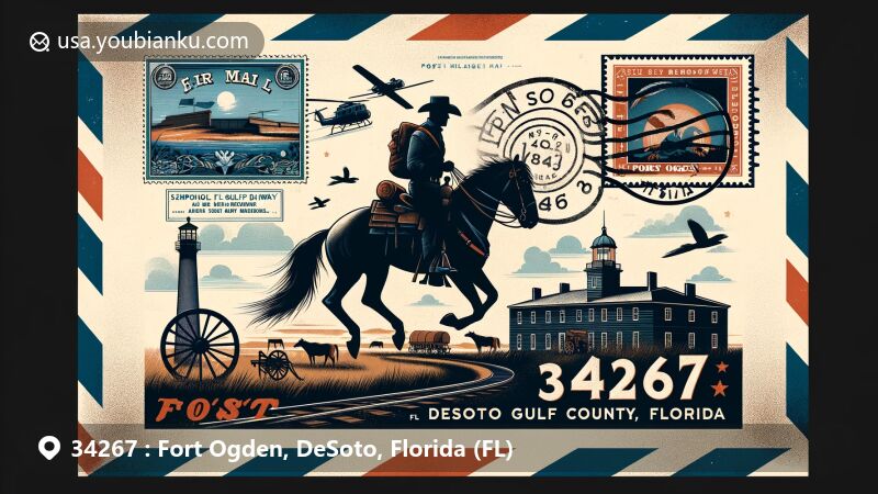Modern illustration of Fort Ogden, DeSoto County, Florida, featuring vintage air mail envelope design, showcasing historic Fort Ogden with Seminole War references, Seminole Gulf Railway symbol, cowboy silhouette, and Florida landscape.