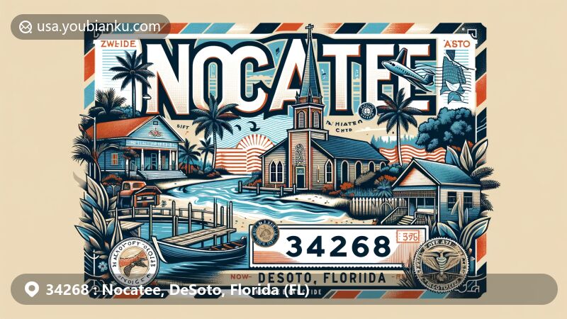 Modern illustration of Nocatee, DeSoto County, Florida, highlighting ZIP code 34268 with historical and cultural references like the Nocatee Historic District and Nocatee Baptist Church, incorporating Florida's natural beauty elements and postal theme.