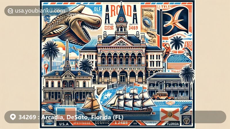 Modern illustration of Arcadia, Florida, blending postal elements with architectural styles like Classical Revival and Late Victorian buildings, featuring Hernando DeSoto's ship, Peace River, and fossilized shark teeth.