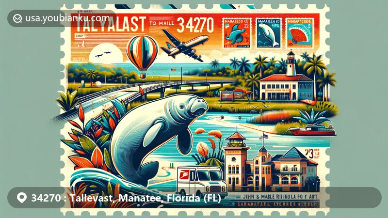 Modern illustration of Tallevast, Manatee County, Florida, featuring Gulf Coast flora, Sarasota–Bradenton International Airport, and John and Mable Ringling Museum of Art, with postal elements like air mail envelope, vintage postage stamps, and ZIP code 34270, including a manatee nodding to the county's name and state marine mammal.