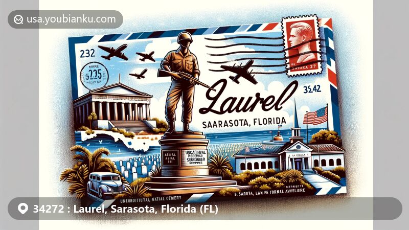 Modern illustration of Laurel, Sarasota County, Florida, featuring ZIP Code 34272 in a postcard design with local landmarks like Sarasota National Cemetery and Unconditional Surrender Sculpture.