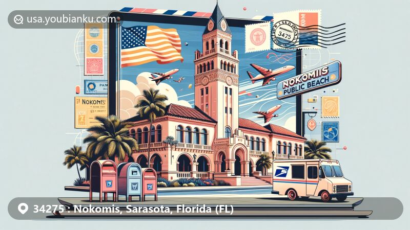 Modern illustration of Nokomis Public Beach and Casey Key, featuring Sarasota School architecture, Florida flag, and postal theme with ZIP code 34275, postcard design with mailbox and mail van.