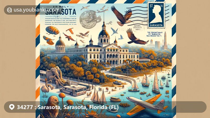 Vibrant illustration of Sarasota, Florida, featuring iconic landmarks like Ca' d'Zan, Siesta Key Village, and Sarasota National Cemetery, along with natural elements like mangroves and marine life.