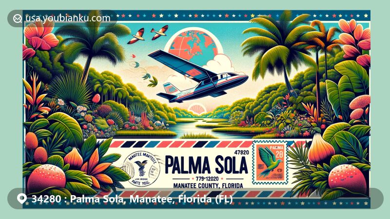 Modern illustration of Palma Sola, Manatee County, Florida, combining lush botanical park landscape with postal theme showcasing ZIP code 34280 and county/state symbols.