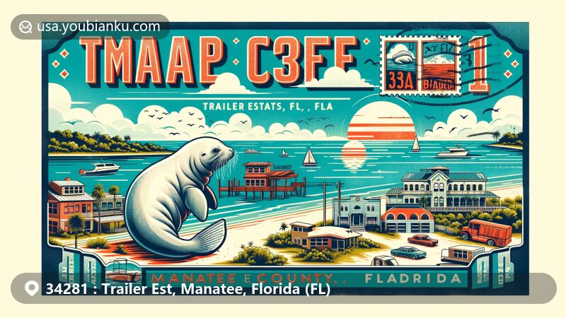 Modern illustration of Trailer Estates, Bradenton, Manatee County, Florida, featuring natural landscapes, beautiful beaches, bays, islands, and the unique atmosphere of the community, with a postage stamp element symbolizing Manatee County and ZIP code 34281.