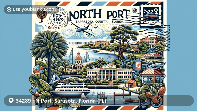 Modern illustration of North Port, Sarasota County, Florida, capturing the vibrant Gulf Coast lifestyle with outdoor activities, shopping, dining, and entertainment options, featuring a postal theme with a postcard or air mail envelope shape, stamps, postmark with ZIP code 34289, and possibly a mailbox or postal vehicle, along with tropical plants or trees like banyans.
