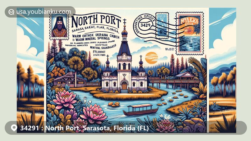 Creative postcard-style illustration for ZIP code 34291 in North Port, Sarasota County, Florida, showcasing Eastern Orthodox Ukrainian Church, Warm Mineral Springs with 85-degree temperature, and Myakka River State Park's natural beauty.
