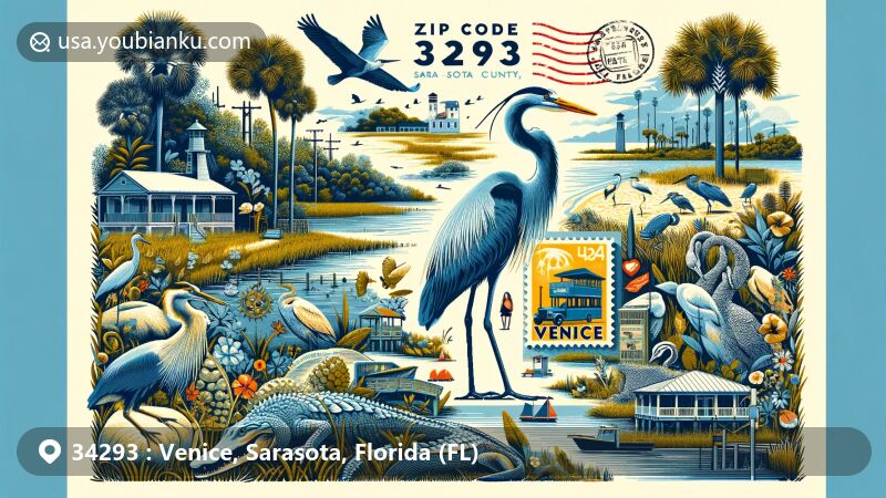 Modern illustration of Venice, Sarasota County, Florida, with ZIP code 34293, showcasing the area's history, geography, and wildlife, featuring Paleo-Indians, Venice Audubon Rookery Park, Great Blue Herons, Great Egrets, alligators, vintage airmail envelope, and postal elements.
