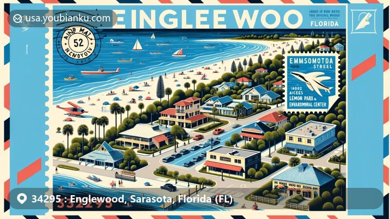 Modern illustration of Englewood, Florida, showcasing postal theme with ZIP code 34295, highlighting Blind Pass Beach, Lemon Bay Park, and Dearborn Street.