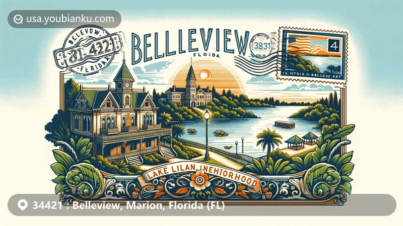 Modern illustration of Belleview, Marion County, Florida, highlighting postal theme with ZIP code 34421, featuring Lake Lillian Neighborhood Historic District and lush landscapes.