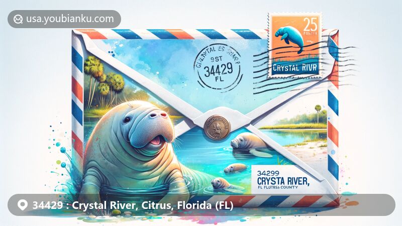 Modern illustration of Crystal River, Citrus County, Florida, featuring Three Sisters Springs and a manatee, symbolizing the area's natural beauty and status as the 'Manatee Capital of the World', with a stylized postal stamp displaying ZIP code 34429 and a Florida state flag.