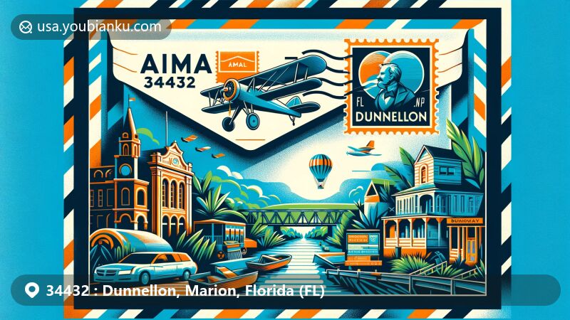 Modern illustration of Dunnellon, Marion, Florida, focusing on ZIP code 34432 with a stylish airmail envelope featuring Dunnellon, FL text and a historic building stamp from Dunnellon Boomtown Historic District.