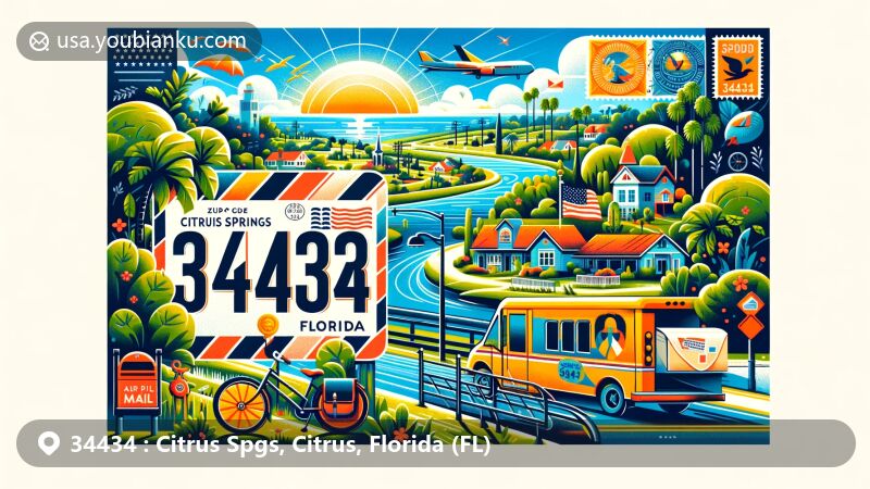 Modern illustration of Citrus Springs, Florida, highlighting postal theme with ZIP code 34434, featuring air mail envelope, postage stamp, mailbox, and mail delivery van, integrated with natural beauty and outdoor activities.