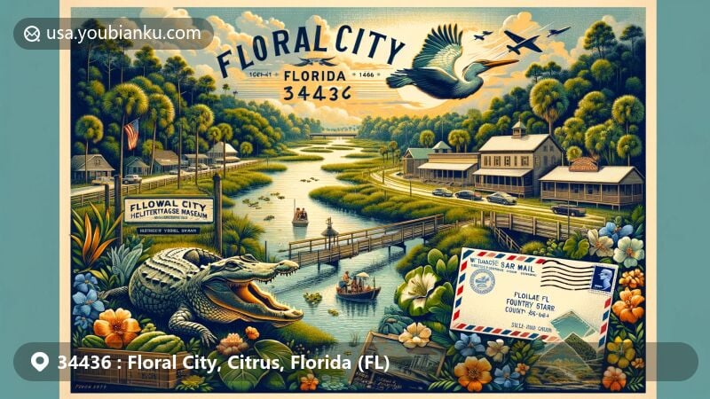 Modern illustration of Floral City, Florida, showcasing Withlacoochee State Trail and landmarks like the Floral City Heritage Museum, representing the area's rich history and natural beauty.