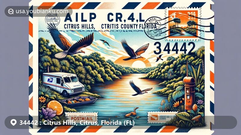 Modern illustration of Citrus Hills, Citrus County, Florida, featuring ZIP code 34442 and postal theme with Chassahowitzka River, airmail envelope, water birds, and lush greenery.