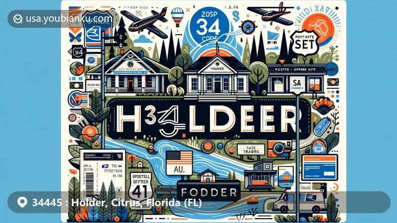 Contemporary illustration of Holder, Florida, blending natural beauty and community essence with postal elements, highlighting U.S. Route 41 and Withlacoochee State Trail, featuring post office, postcard, stamps, and postmark, showcasing ZIP Code 34445.