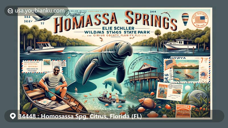 Modern illustration of Homosassa Springs, Citrus County, Florida, featuring the Ellie Schiller Homosassa Springs Wildlife State Park, manatees, fishing, scalloping, and boating, with a postal theme and ZIP code 34448.