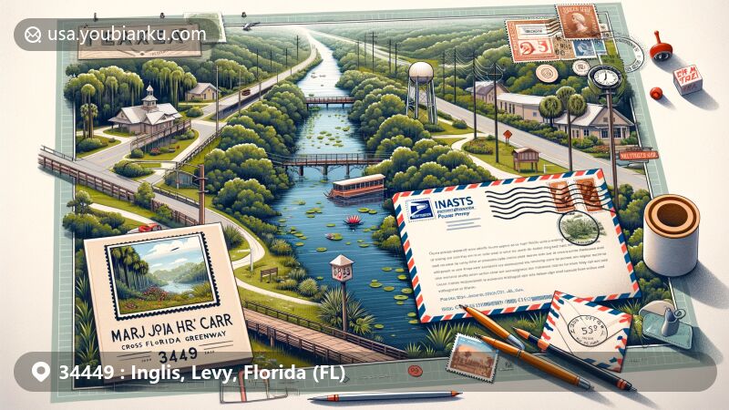 Modern illustration of Inglis, Florida, focusing on Marjorie Harris Carr Cross Florida Greenway, Withlacoochee River, and town's history, with postal theme featuring postcard or air mail envelope, stamps, postmarks, and ZIP code 34449.