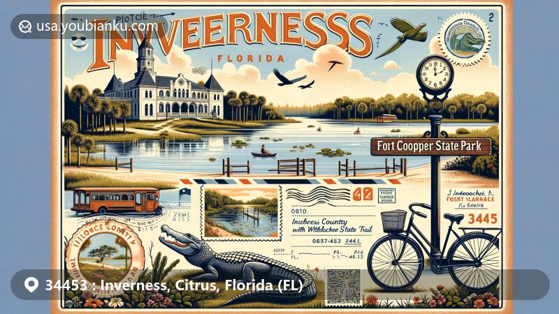Modern illustration of Inverness, Florida, with Fort Cooper State Park and Citrus County Courthouse, showcasing Withlacoochee State Trail and bicycle-friendly environment, featuring vintage postcard with ZIP code 34453 and air mail aesthetic.