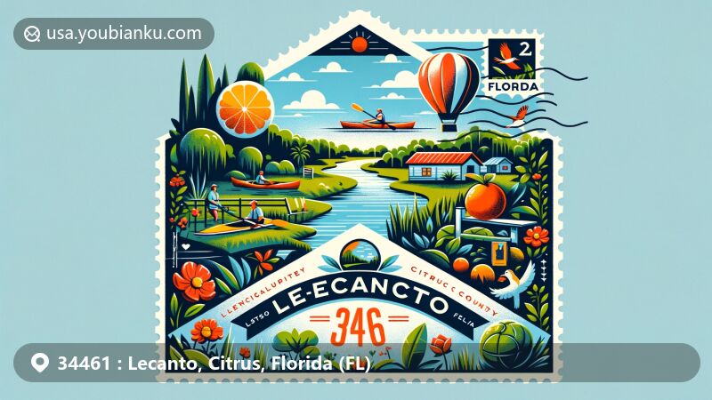 Modern illustration of Lecanto, Citrus County, Florida, showcasing outdoor activities like kayaking on the Withlacoochee River and lush green landscapes, with a symbol representing the peaceful small town ambiance, set against a stylized postal envelope featuring a vibrant stamp displaying Florida state emblems such as the orange blossom (state flower) and northern mockingbird (state bird), prominently featuring '34461' postal code, 'Lecanto' town name, and 'Citrus' county name. Bright, colorful, and creative artwork capturing the warmth and charm of Lecanto, Florida, suitable for web usage as a standout artistic piece.