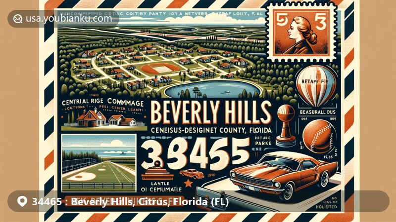 Modern illustration of Beverly Hills, Citrus County, Florida, highlighting ZIP code 34465, showcasing unique geography and history as a retirement community. Features Central Ridge Community Park with recreational facilities and postal theme of vintage postcard with '34465 Beverly Hills, FL' postmark.