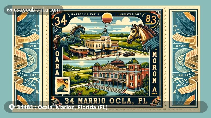 Modern illustration of Ocala and Marion County in Florida, emphasizing ZIP code 34483, with Marion Theatre as a cultural icon and lush greenery symbolizing equestrian culture.