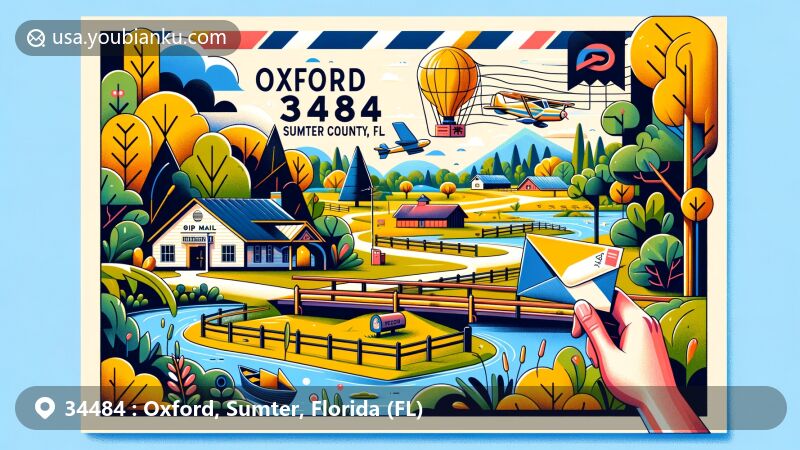 Modern illustration of Oxford, Sumter County, Florida, showcasing postal theme with ZIP code 34484, featuring Withlacoochee State Forest and Rainbow Springs State Park.
