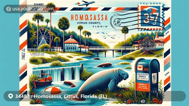 Modern illustration of Homosassa area in Citrus County, Florida, featuring local geography, wildlife, and postal themes, highlighting Homosassa Springs Wildlife State Park with manatees and Yulee Sugar Mill Ruins Historic State Park, integrated with a vintage air mail envelope and ZIP code 34487.