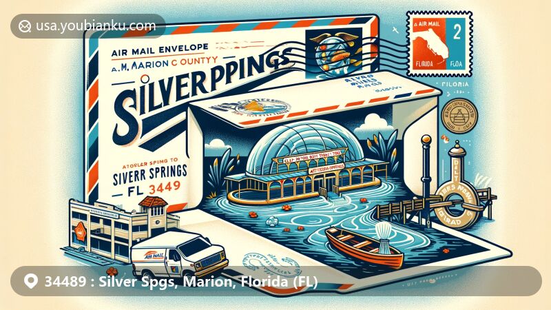 Modern illustration of Silver Springs, Florida, showcasing postal theme with ZIP code 34489, featuring glass-bottom boat tours and artesian springs.