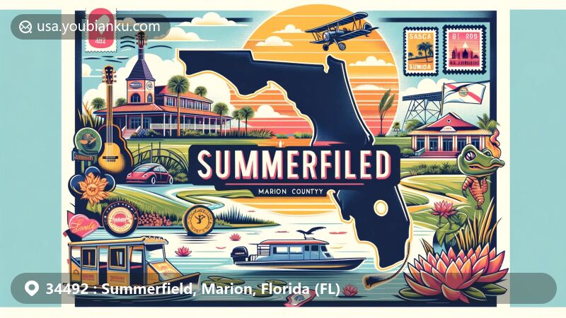 Modern illustration of Summerfield, Marion County, Florida, showcasing winery, music venue, airboat in swamps, and golf course, with postcard design featuring state flag, stamps, postmark, and ZIP Code 34492.