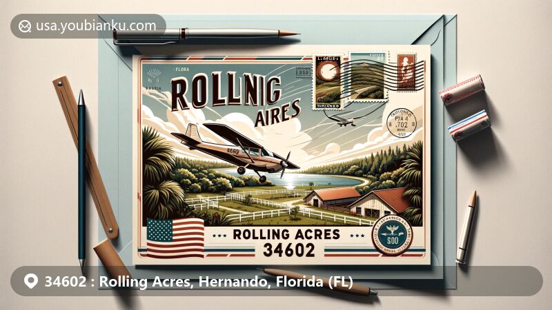 Modern illustration of Rolling Acres in Hernando, Florida, displaying aviation envelope background with Florida state symbols, ZIP code 34602, and key postal elements.