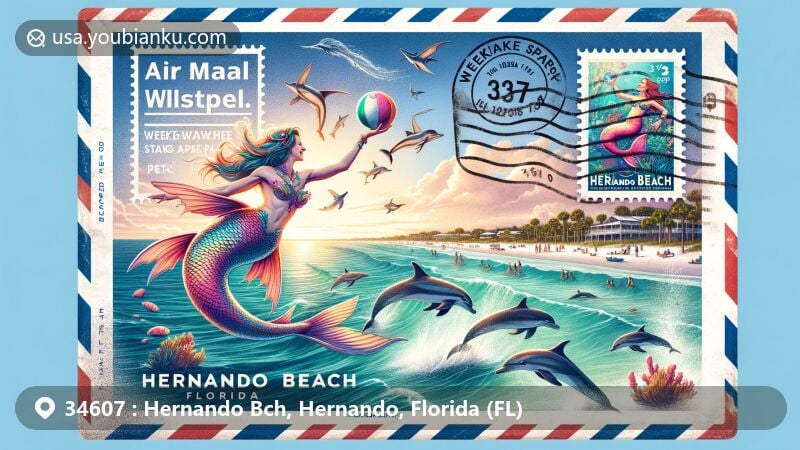 Artistic illustration of airmail envelope with Weeki Wachee Springs State Park mermaid show, Hernando Beach coastline, and jumping dolphins, featuring stamp and postmark with Hernando Beach, FL 34607.